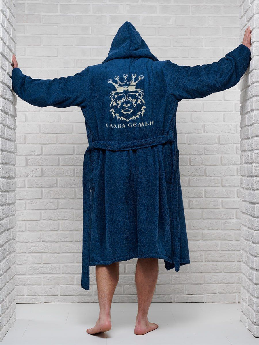 снимок Халат махровый с капюшоном, темно-синий с вышивкой от магазина BIO-TEXTILES ОПТ