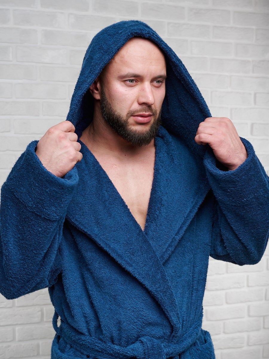 снимок Халат мужской махровый PandaHug с капюшоном, синий от магазина BIO-TEXTILES ОПТ